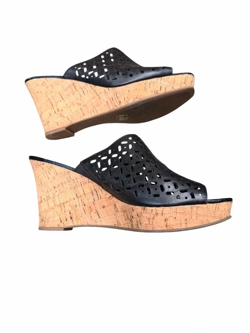 Lauren Blakwell Women’s 11 Black Ilene Perforated Cork Wedge Slide Sandals Boho